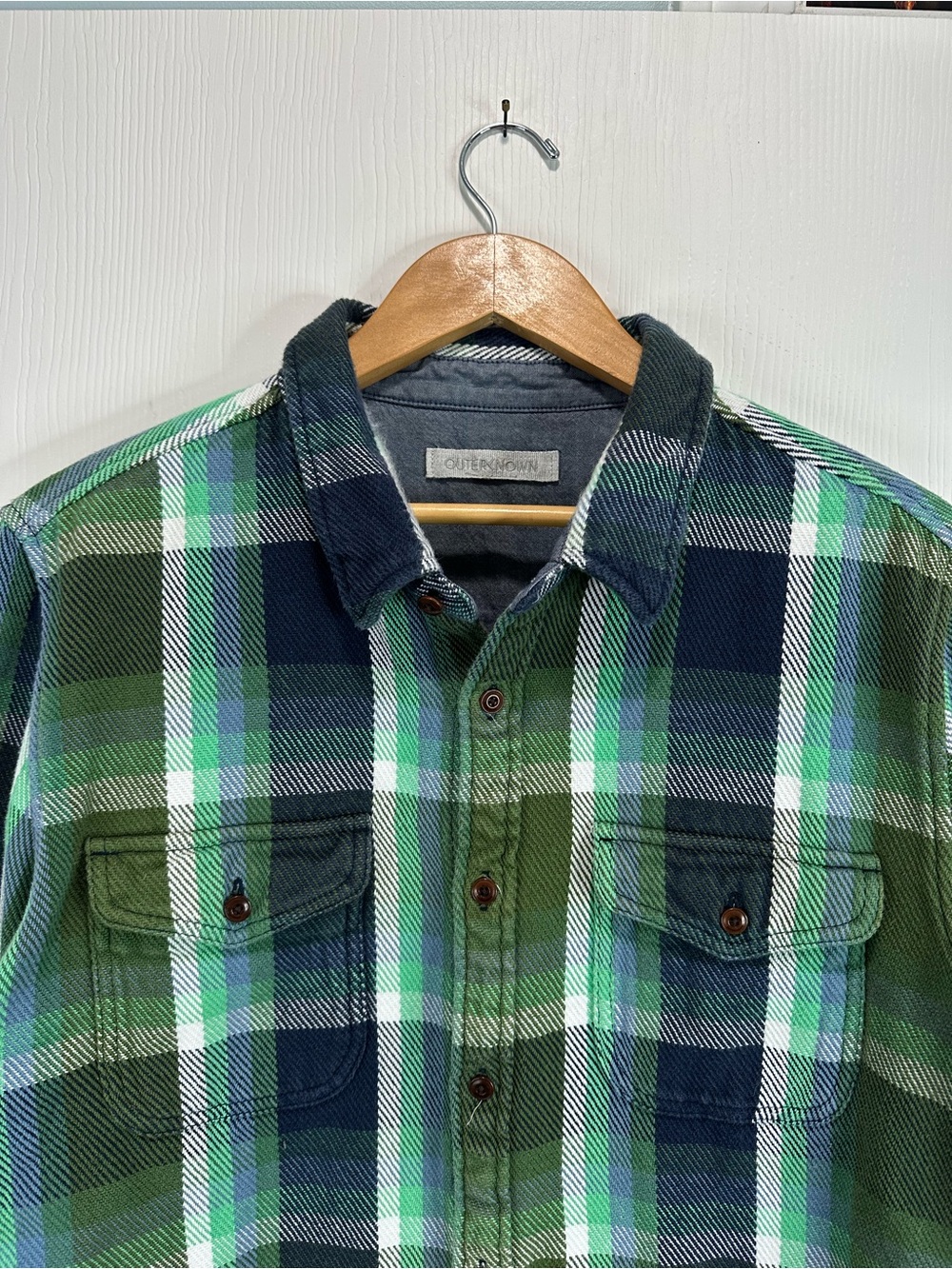 Outerknown Navy, Green & White Plaid Button-Down Shirt